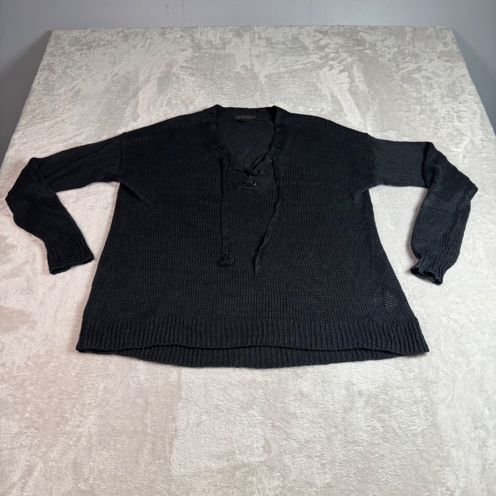 J.Crew Women Small Black 100% Linen Lace-Up V-Neck Pullover Sweater